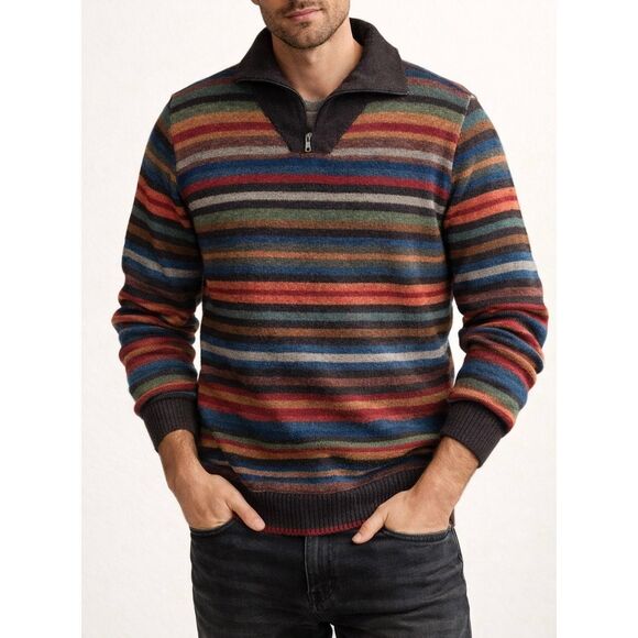 Novica Men’s Pullover Sweater Alpaca Striped Multicolor quarter zip Made in Peru